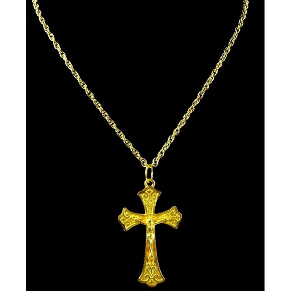 Golden Pewter Crucifix Long Statement Cross Necklace - Picture 1 of 8